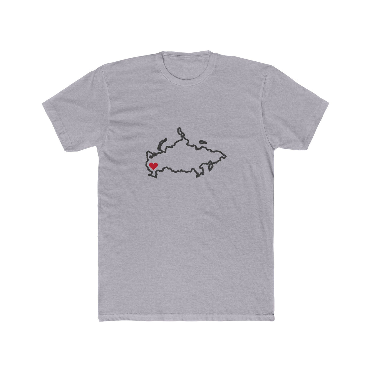 Russia Moscow Mission Heart Map shirt in Heather Grey: Russia outline with a red heart, front view
