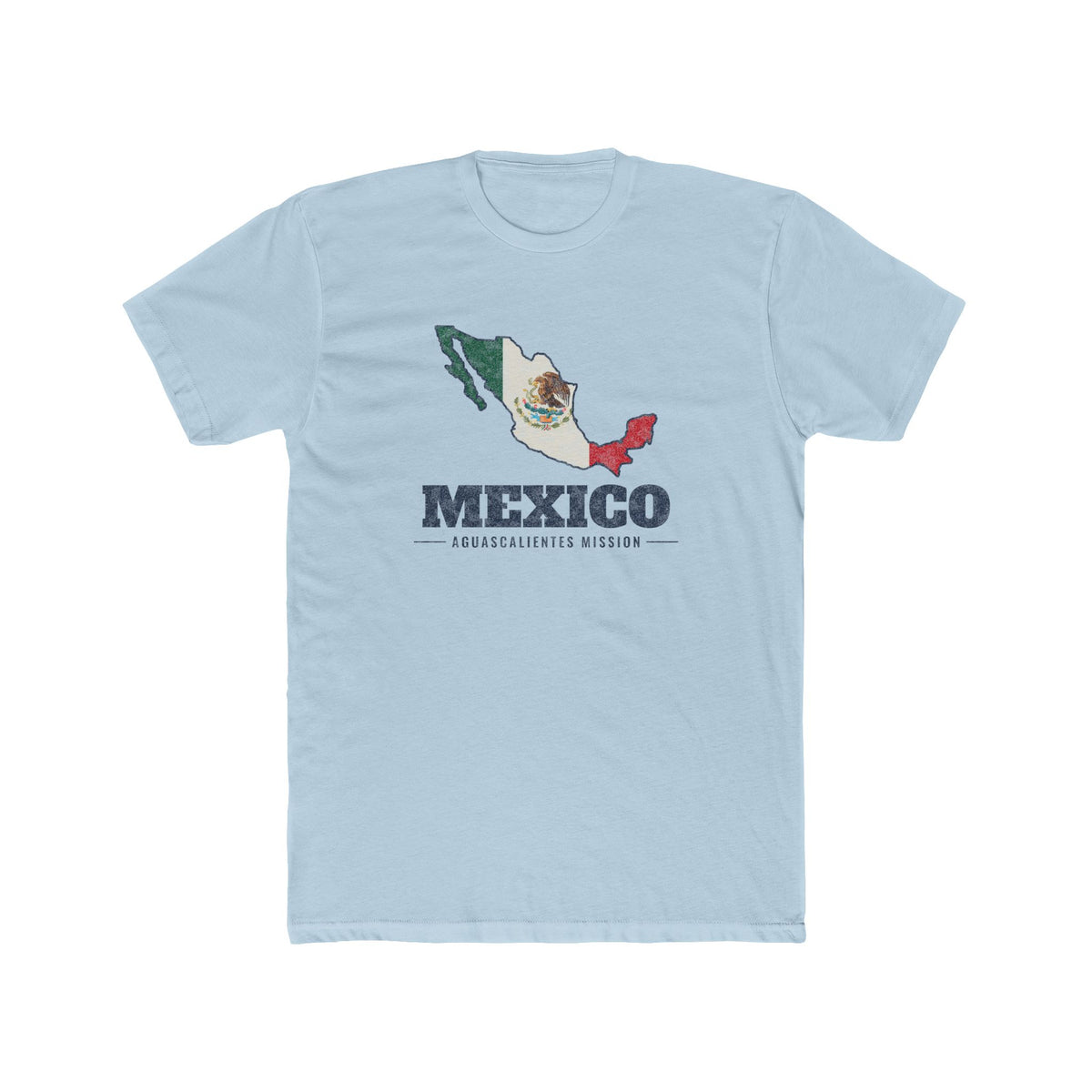 Mexico Aguascalientes Mission Flag Map shirt in Desert Pink: flag of Mexico in the outline of Mexico with navy lettering, front view