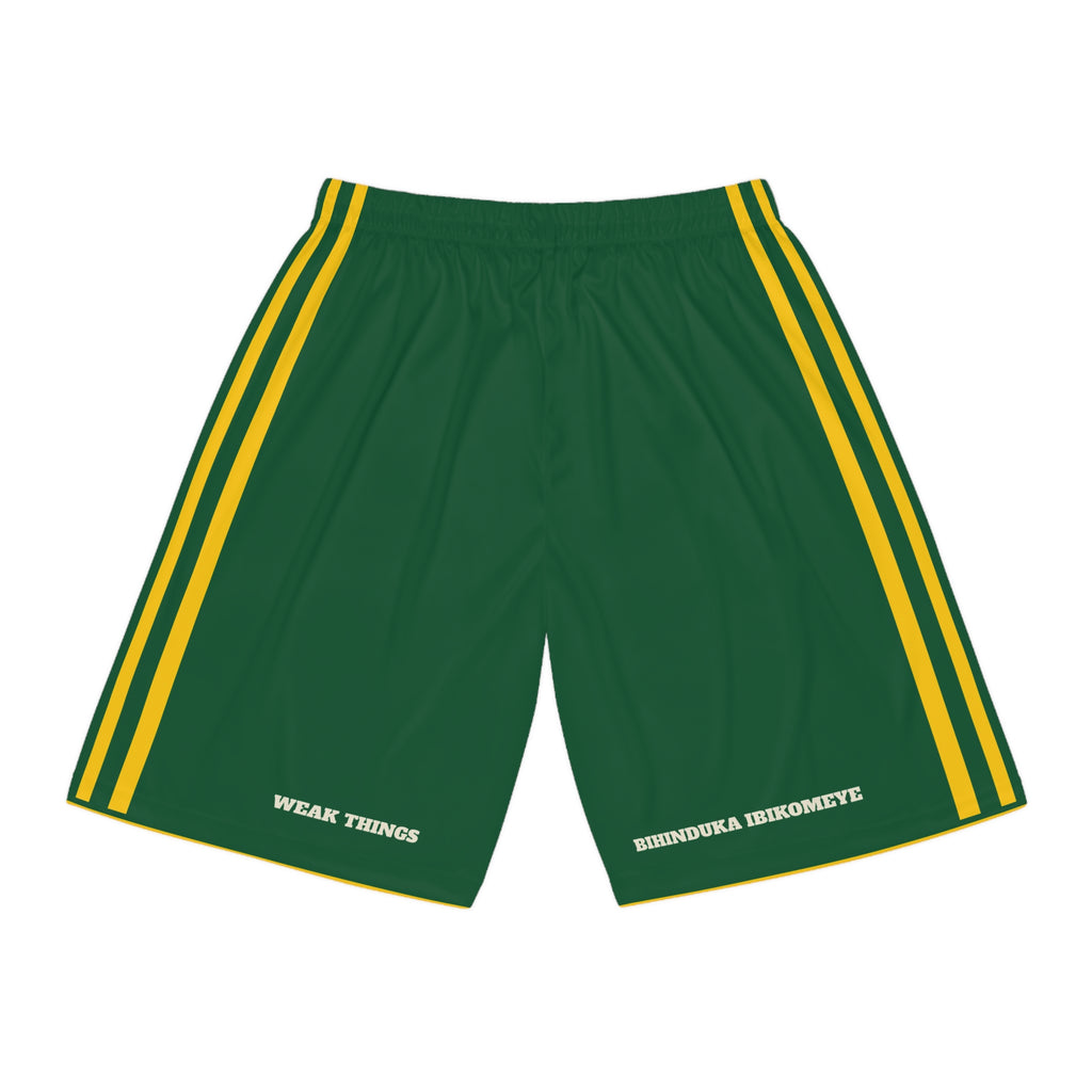 Rwanda Kigali Mission Basketball Shorts, back view with WEAK THINGS and BIHINDUKA IBIKOMEYE on the legs