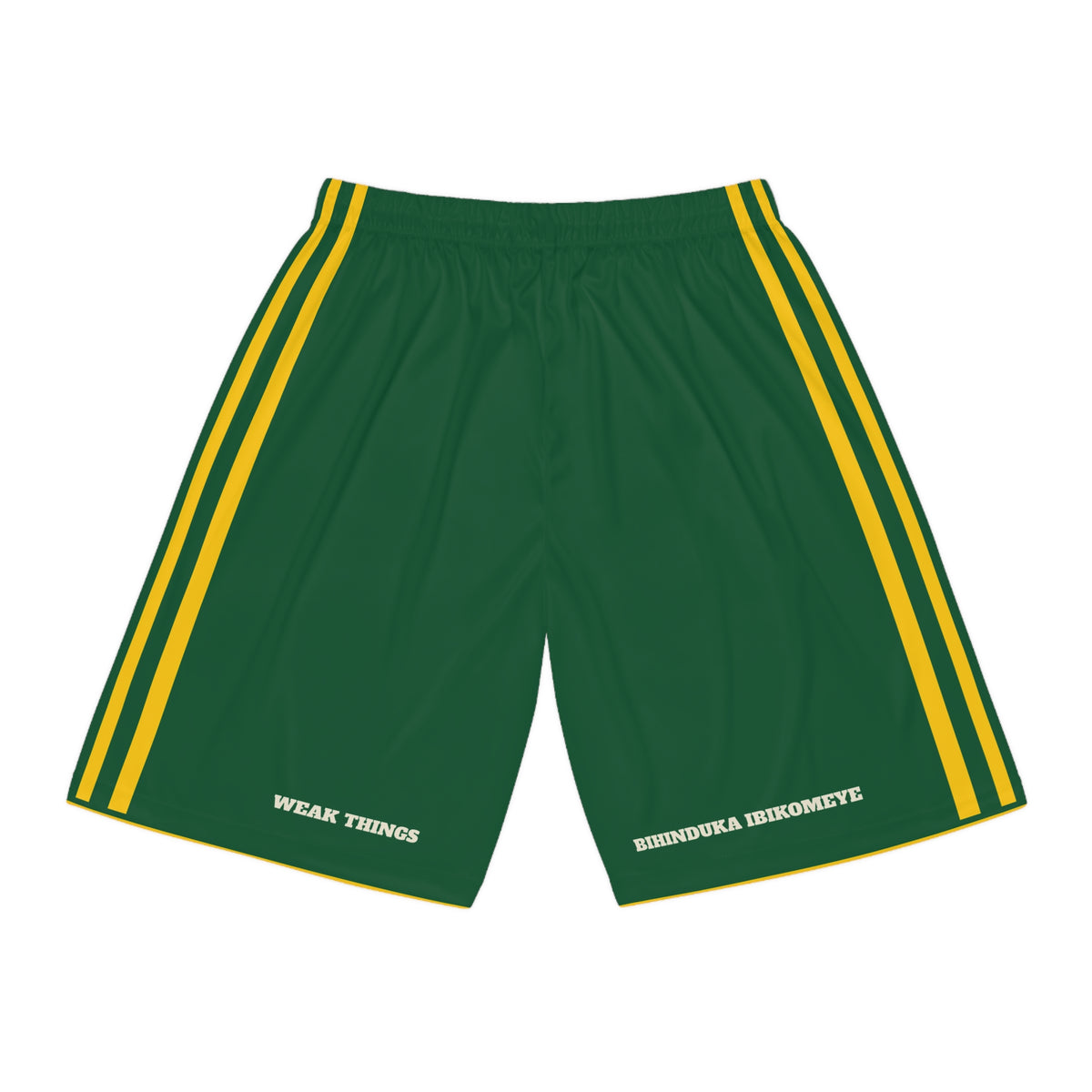 Rwanda Kigali Mission Basketball Shorts, back view with WEAK THINGS and BIHINDUKA IBIKOMEYE on the legs