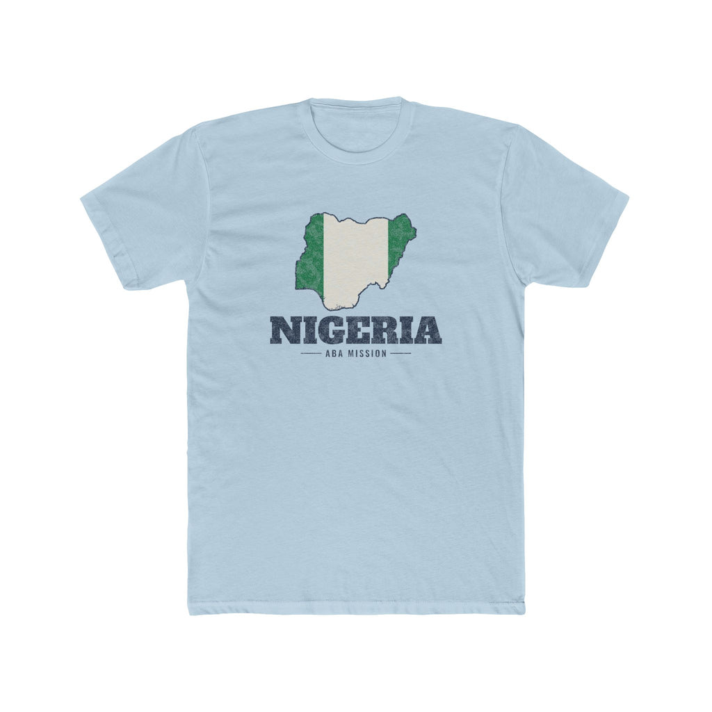 Nigeria Aba Mission Flag Map shirt in Desert Pink: flag of Nigeria in the outline of Nigeria with navy lettering, front view