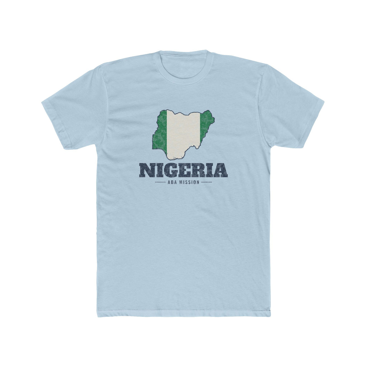 Nigeria Aba Mission Flag Map shirt in Desert Pink: flag of Nigeria in the outline of Nigeria with navy lettering, front view