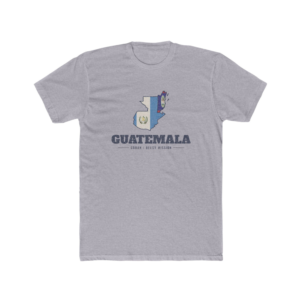 Guatemala Coban/Belize Mission Flag Map shirt in Heather Grey: flags of Guatemala and Belize in their country outlines with navy lettering, front view