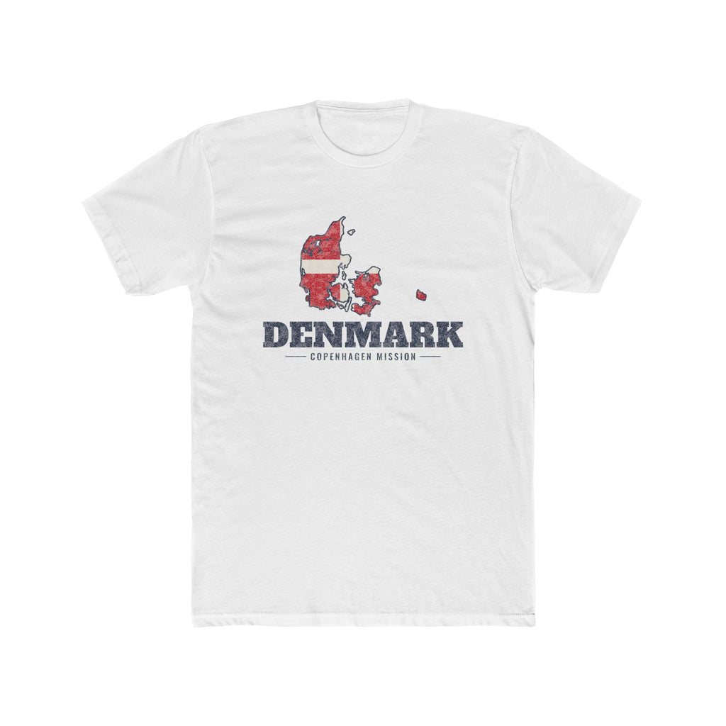 Denmark Copenhagen Mission Flag Map shirt in White: flag of Denmark in the outline of Denmark with navy lettering, front view