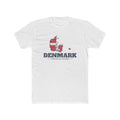 Denmark Copenhagen Mission Flag Map shirt in White: flag of Denmark in the outline of Denmark with navy lettering, front view