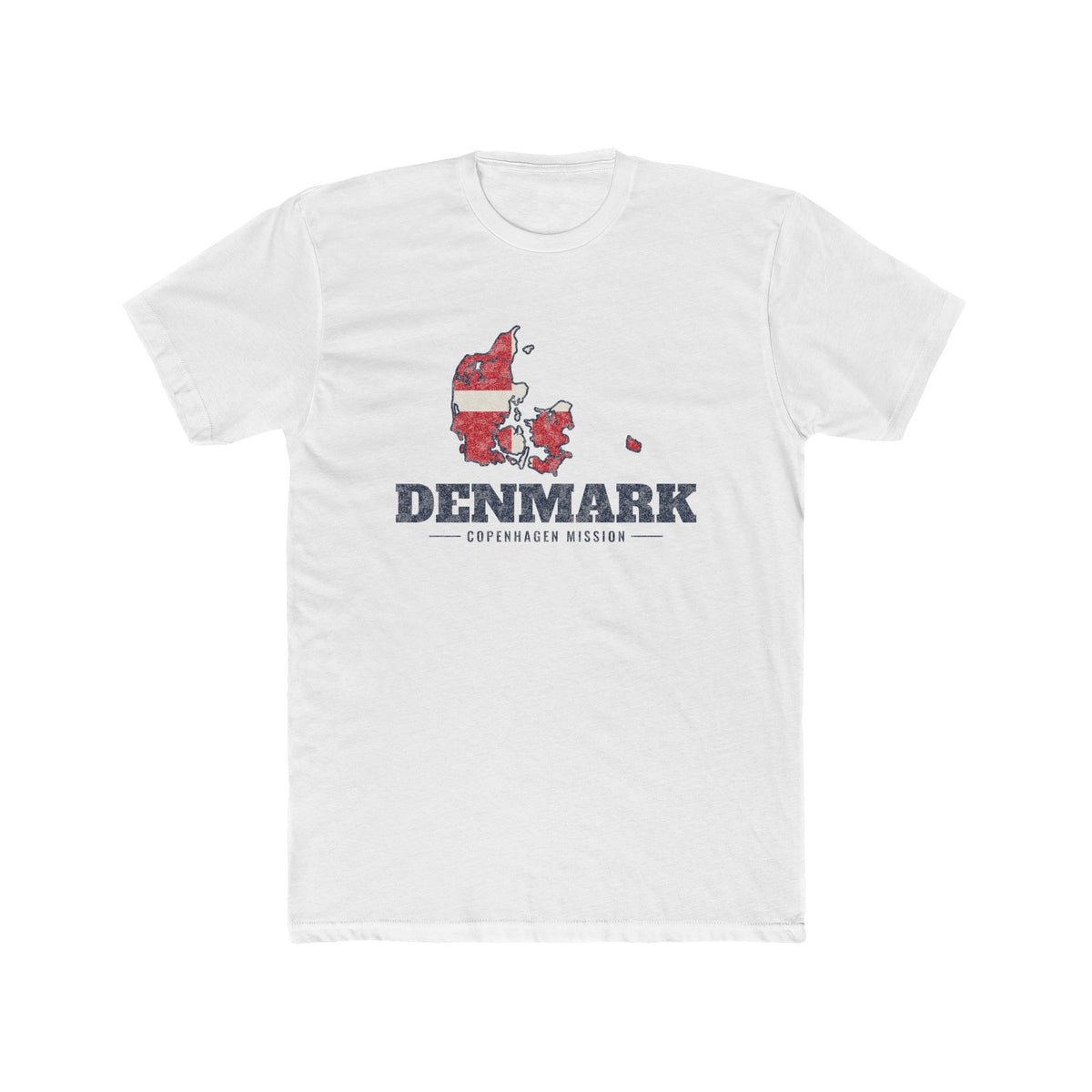Denmark Copenhagen Mission Flag Map shirt in White: flag of Denmark in the outline of Denmark with navy lettering, front view