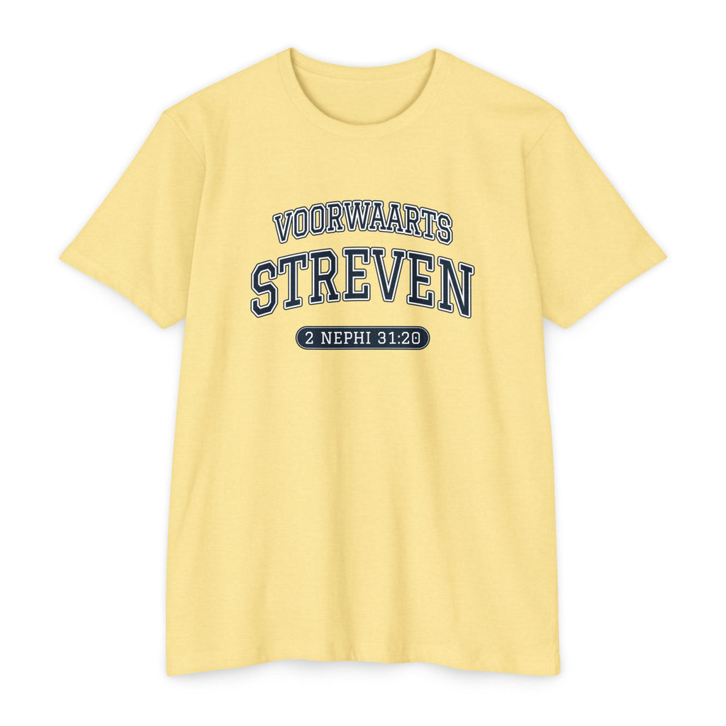 Press Forward shirt in Dutch on Banana Cream: “VOORWAARTS STREVEN”, 2 Nephi 31:20
