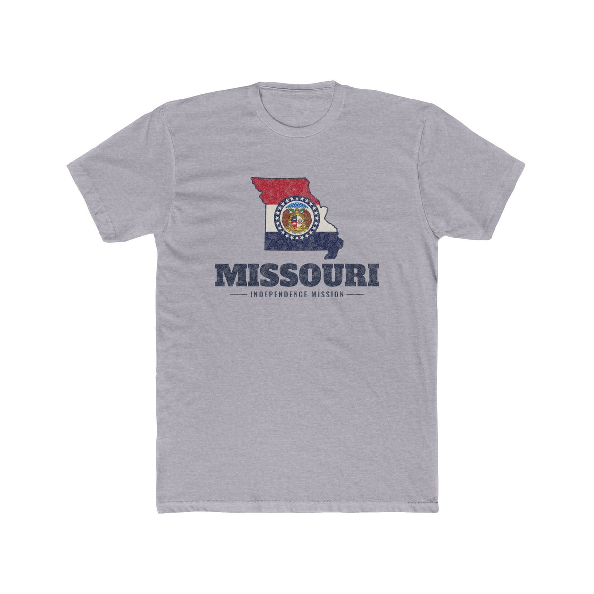 Missouri Independence Mission Flag Map shirt in Heather Grey: Missouri state flag in the outline of Missouri with navy lettering, front view