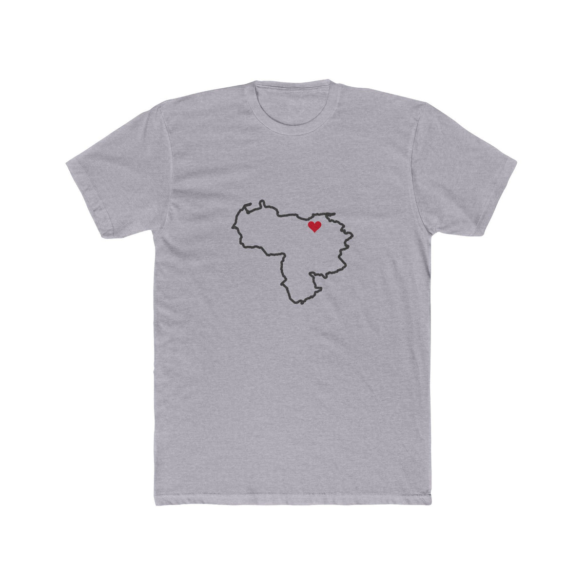 Venezuela Barcelona Mission Heart Map shirt in Heather Grey: Venezuela outline with a red heart, front view