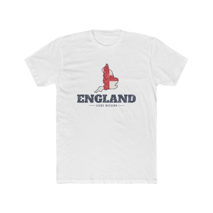 England Leeds Mission Flag Map shirt in White: flag of England in the outline of England with navy lettering, front view