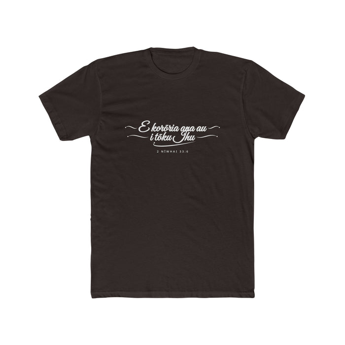 I Glory in My Jesus script shirt in Maori, white ink on Dark Chocolate: “E korōria ana au i tōku Ihu”, 2 Nīwhai 33:6