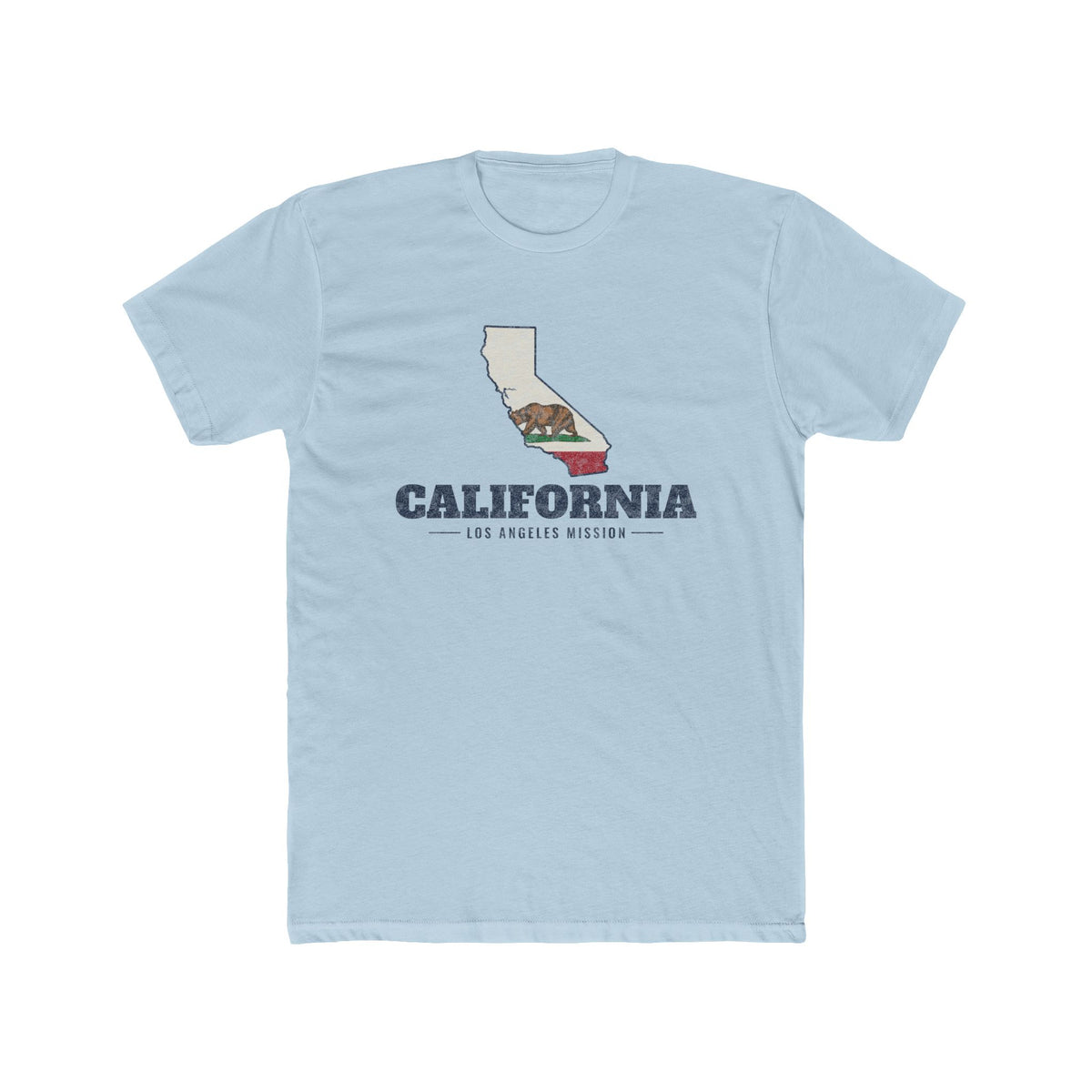 California Los Angeles Mission Flag Map shirt in Desert Pink: California state flag in the outline of California with navy lettering, front view