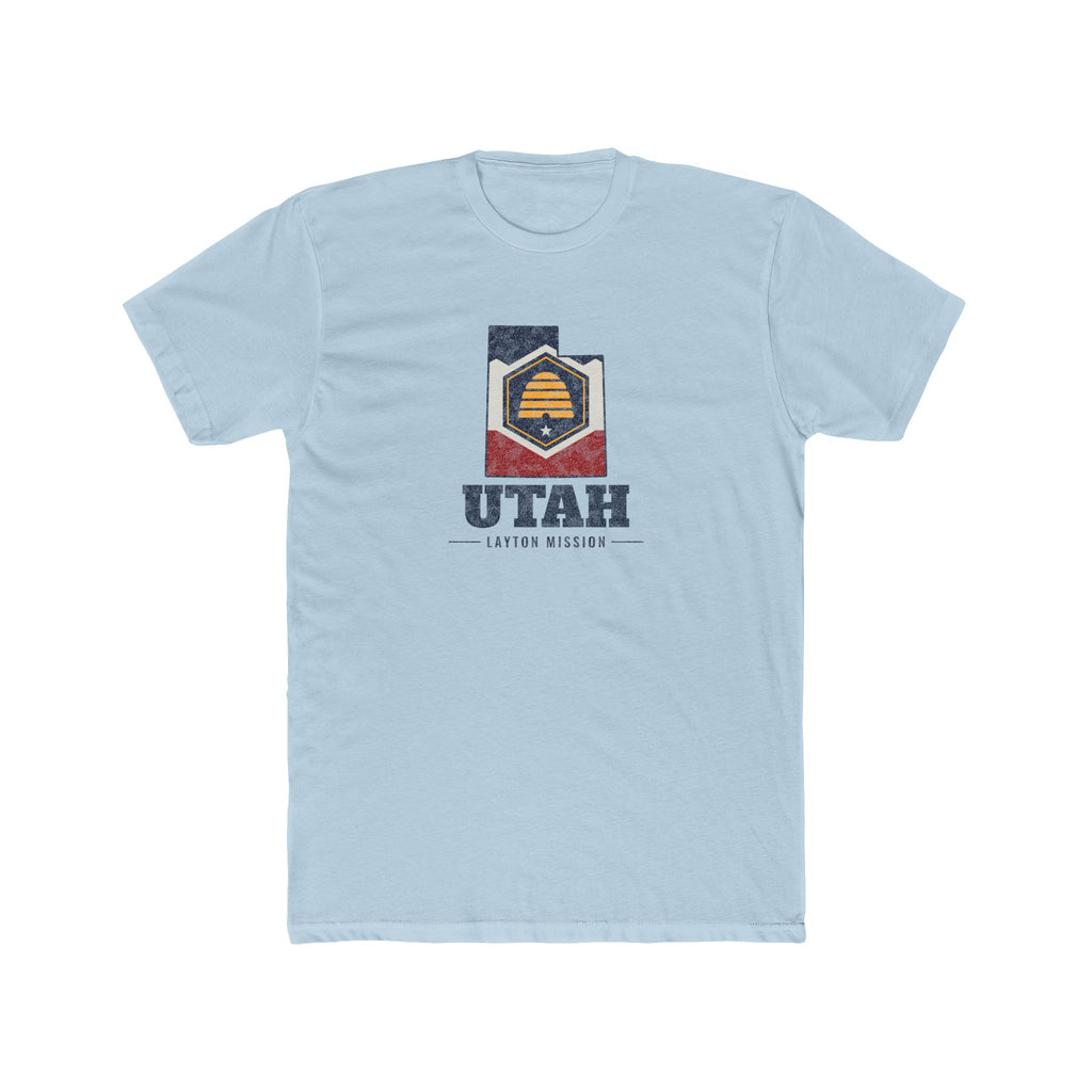 Utah Layton Mission Flag Map shirt in Desert Pink: Utah state flag in the outline of Utah with navy lettering, front view