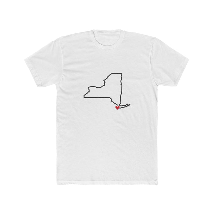 New York New York City Mission Heart Map shirt in White: New York outline with a red heart, front view