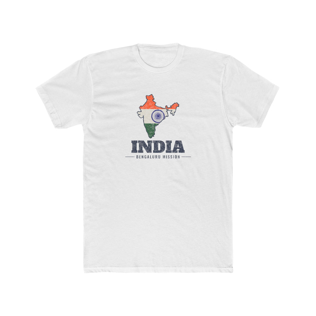 India Bengaluru Mission Flag Map shirt in White: flag of India in the outline of India with navy lettering, front view