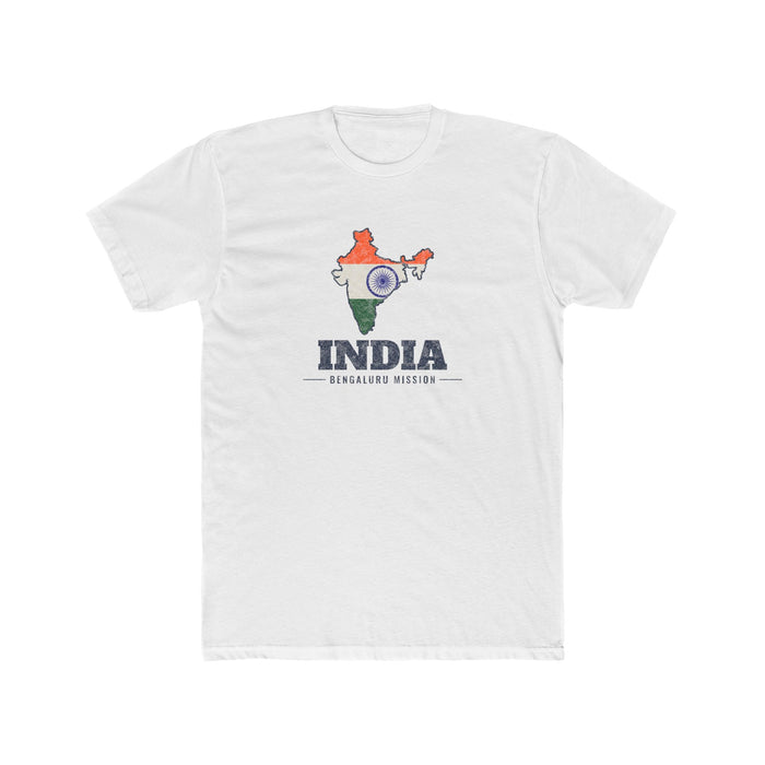 India Bengaluru Mission Flag Map shirt in White: flag of India in the outline of India with navy lettering, front view