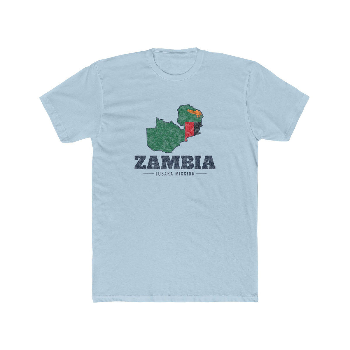 Zambia Lusaka Mission Flag Map shirt in Desert Pink: flag of Zambia in the outline of Zambia with navy lettering, front view