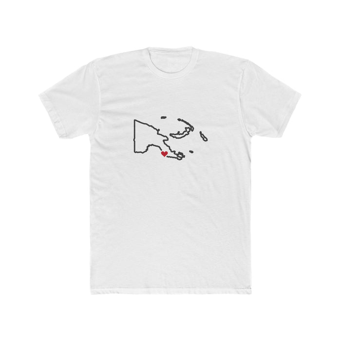 Papua New Guinea Port Moresby Mission Heart Map shirt in White: Papua New Guinea outline with a red heart, front view