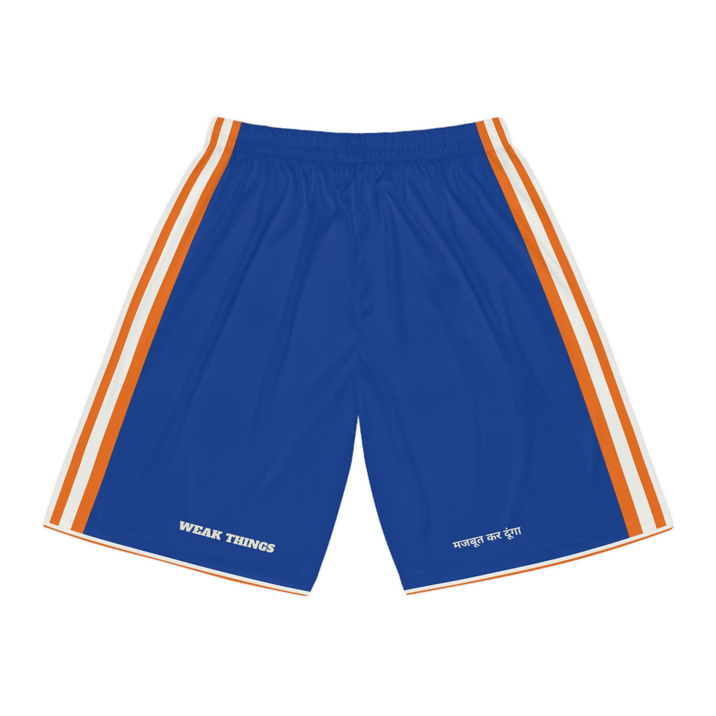 India New Delhi Mission Basketball Shorts, back view with WEAK THINGS and मजबूत कर दूंगा on the legs