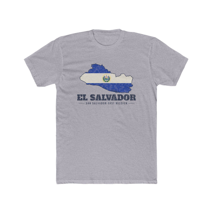 El Salvador San Salvador East Mission Flag Map shirt in Heather Grey: flag of El Salvador in the outline of El Salvador with navy lettering, front view