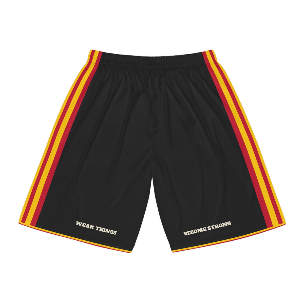 Zimbabwe Harare West Mission Basketball Shorts, back view with WEAK THINGS and BECOME STRONG on the legs