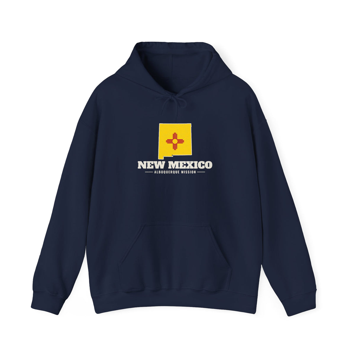 New Mexico Albuquerque Mission Flag Map Hoodie in Navy, front view with the flag map and mission name