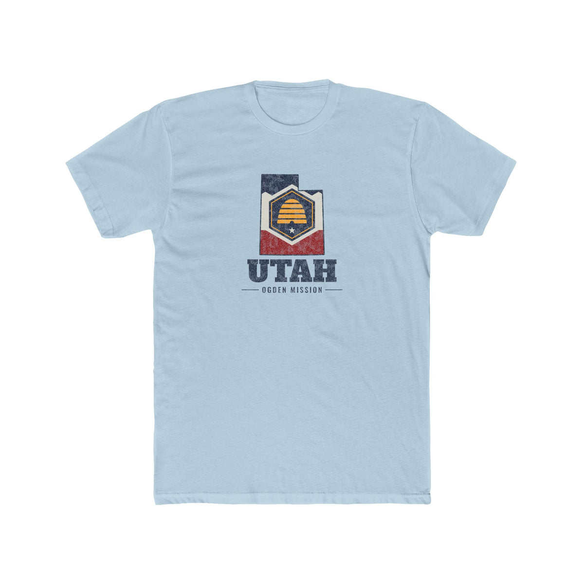 Utah Ogden Mission Flag Map shirt in Desert Pink: Utah state flag in the outline of Utah with navy lettering, front view