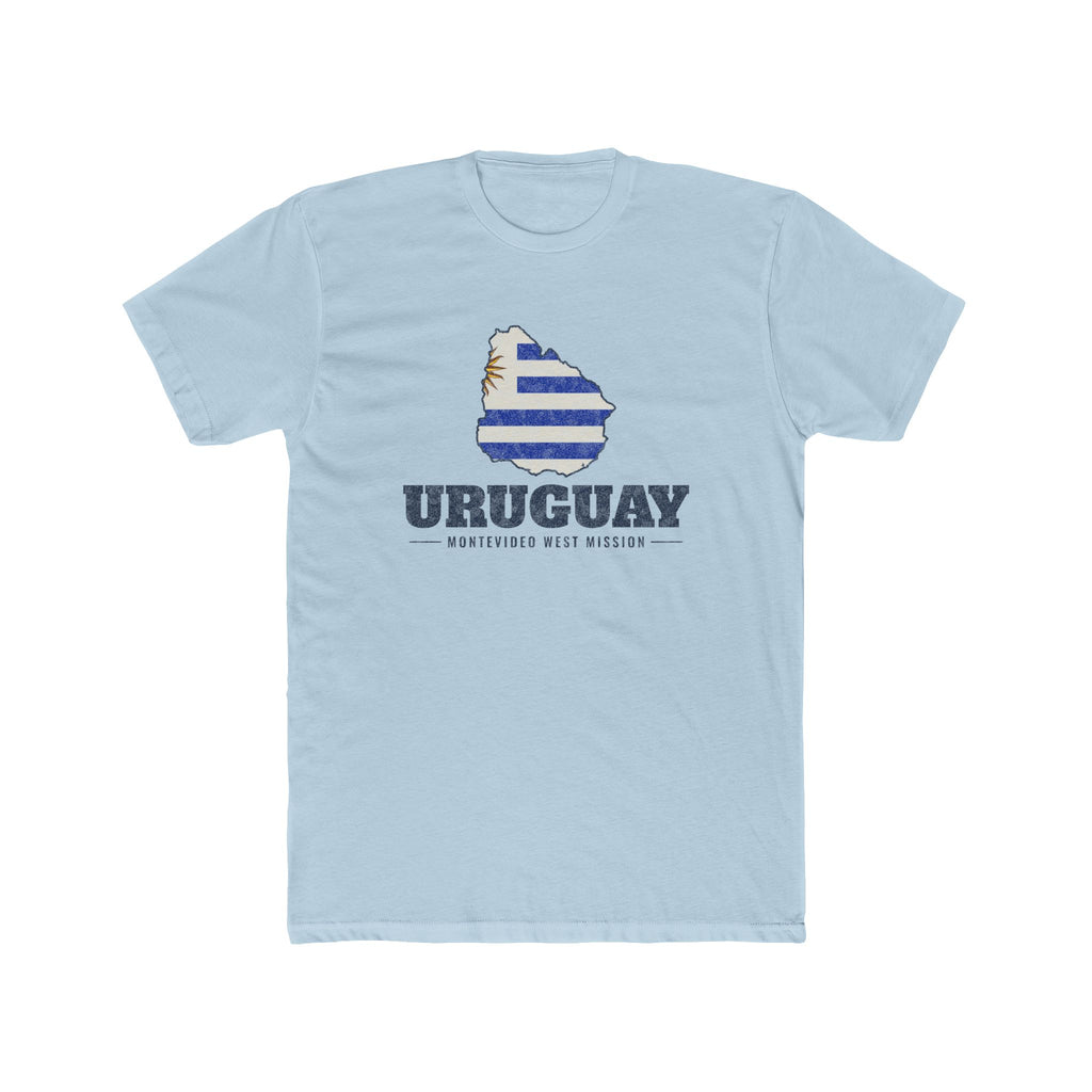 Uruguay Montevideo West Mission Flag Map shirt in Desert Pink: flag of Uruguay in the outline of Uruguay with navy lettering, front view