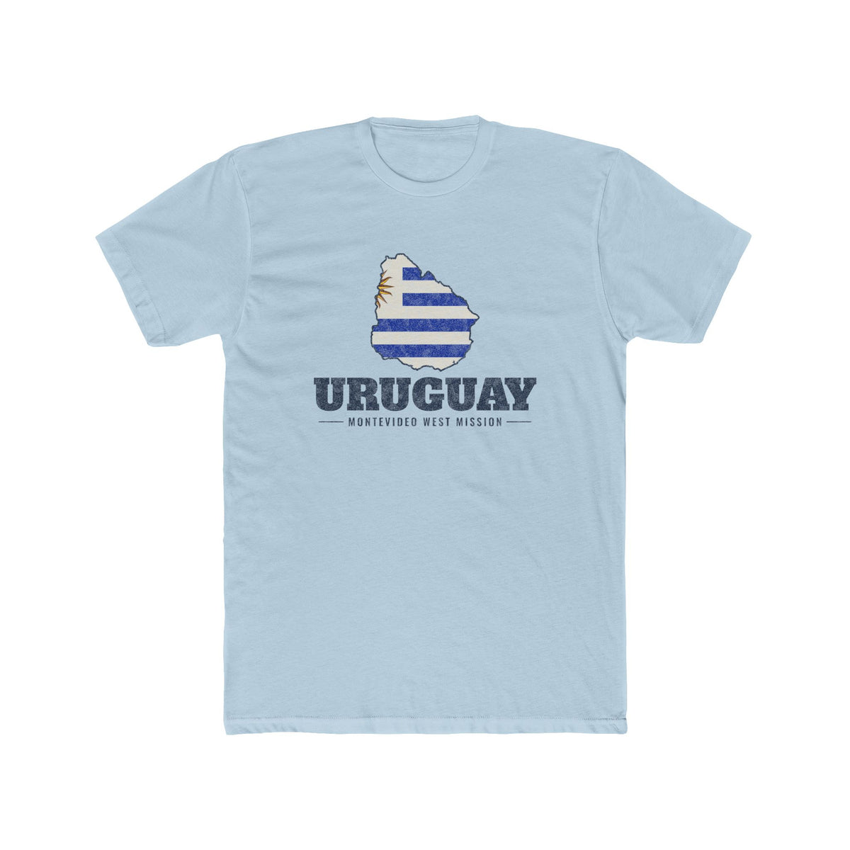 Uruguay Montevideo West Mission Flag Map shirt in Desert Pink: flag of Uruguay in the outline of Uruguay with navy lettering, front view