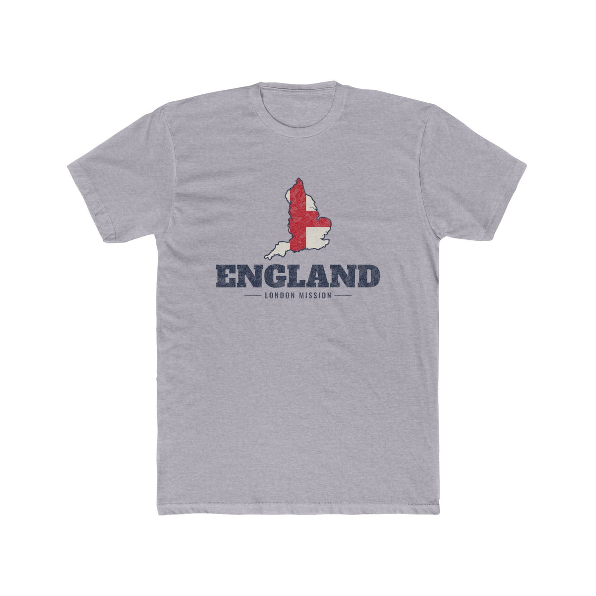 England London Mission Flag Map shirt in Heather Grey: flag of England in the outline of England with navy lettering, front view
