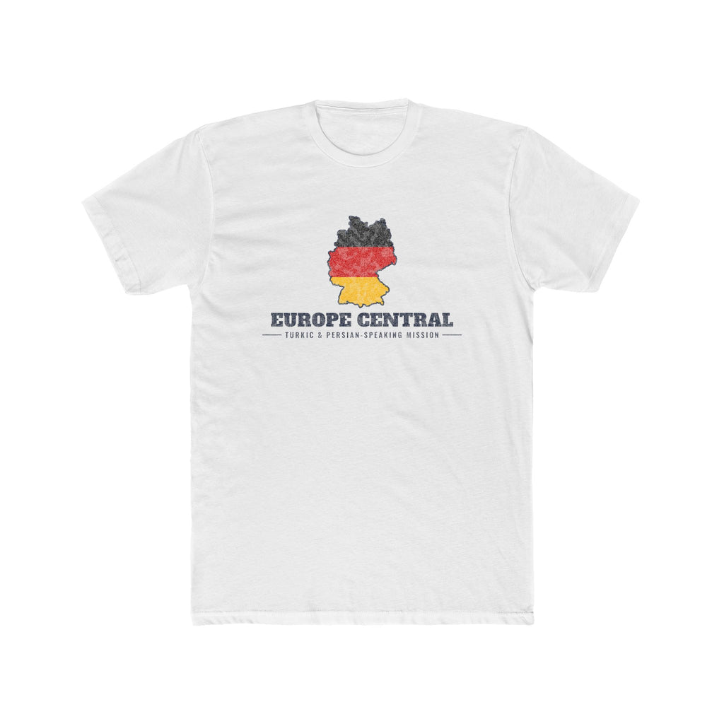 Europe Central Turkic and Persian-Speaking Mission Flag Map shirt in White: German flag in the outline of Germany with navy lettering, front view