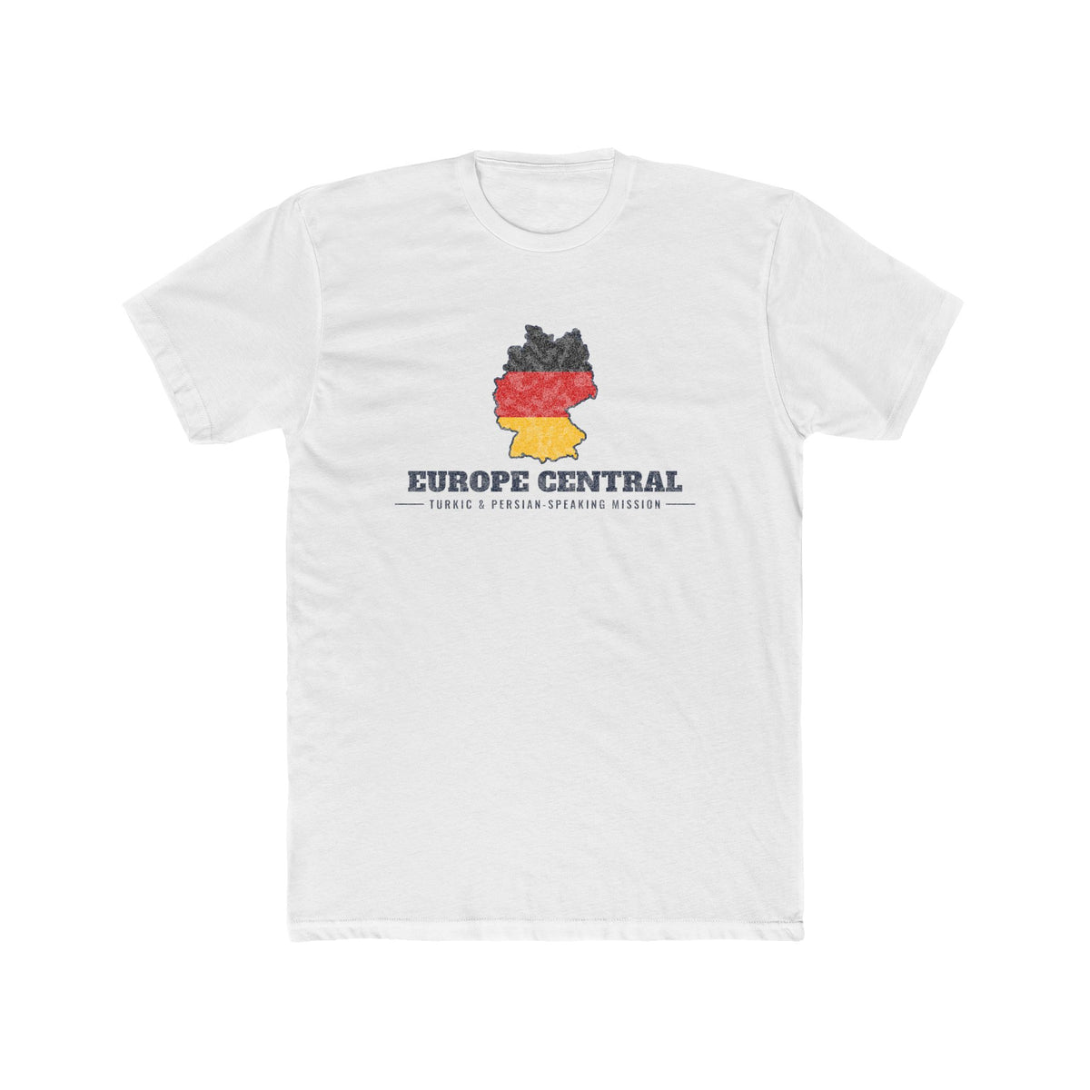 Europe Central Turkic and Persian-Speaking Mission Flag Map shirt in White: German flag in the outline of Germany with navy lettering, front view