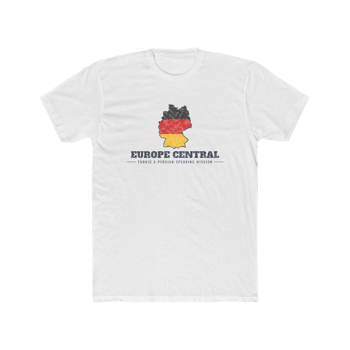 Europe Central Turkic and Persian-Speaking Mission Flag Map shirt in White: German flag in the outline of Germany with navy lettering, front view