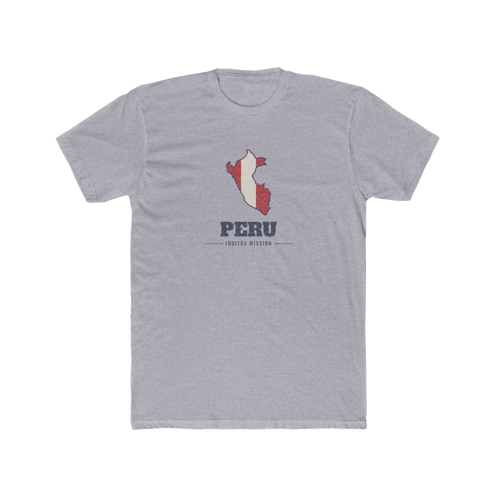 Peru Iquitos Mission Flag Map shirt in Heather Grey: flag of Peru in the outline of Peru with navy lettering, front view