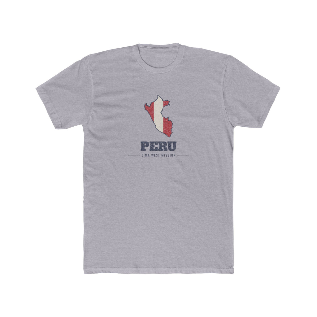 Peru Lima West Mission Flag Map shirt in Heather Grey: flag of Peru in the outline of Peru with navy lettering, front view