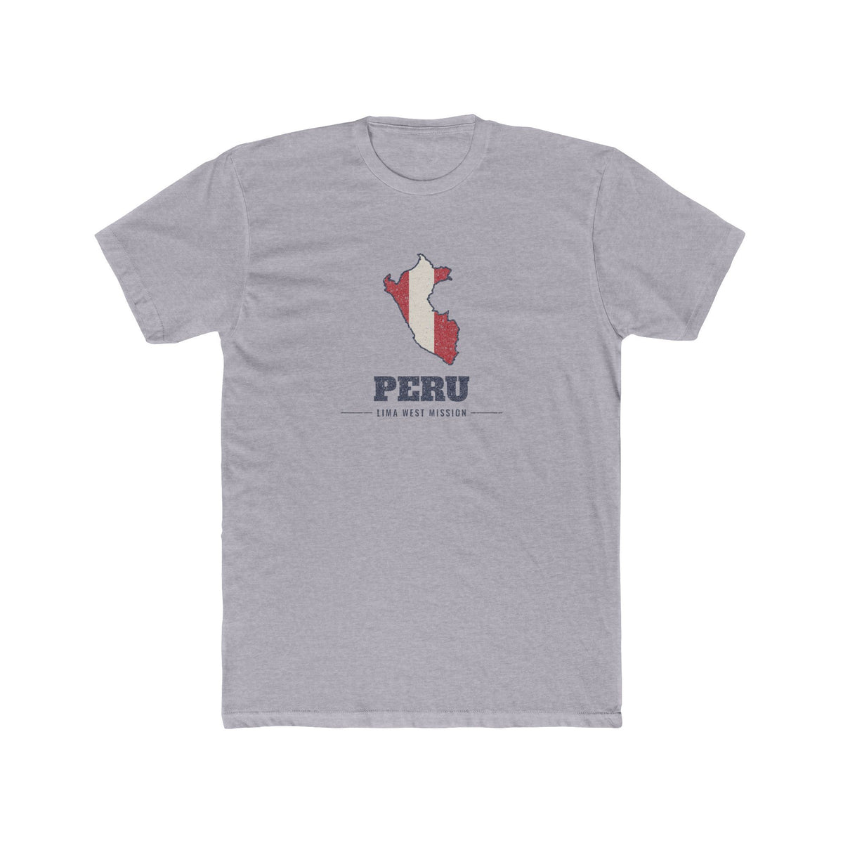 Peru Lima West Mission Flag Map shirt in Heather Grey: flag of Peru in the outline of Peru with navy lettering, front view