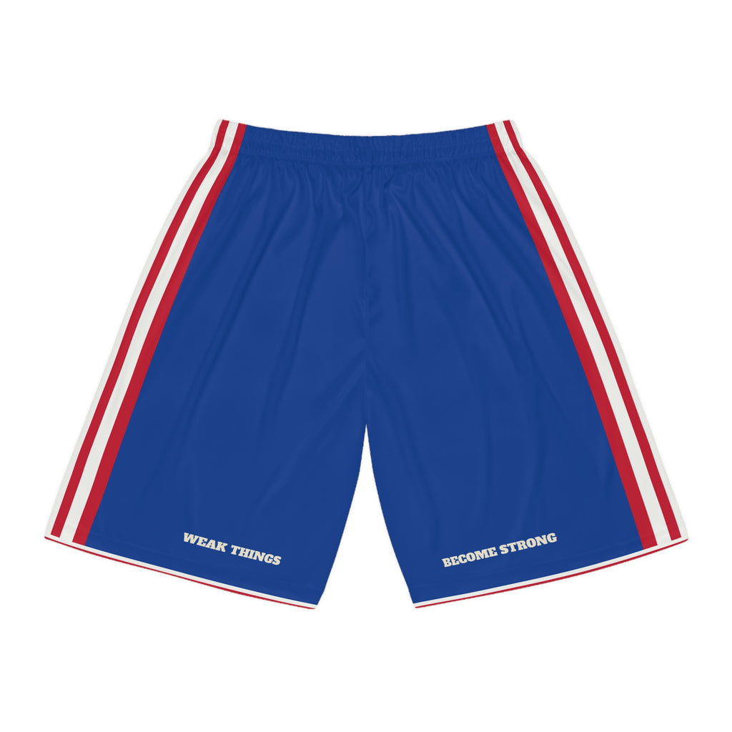 Australia Perth Mission Basketball Shorts, back view with WEAK THINGS and BECOME STRONG on the legs