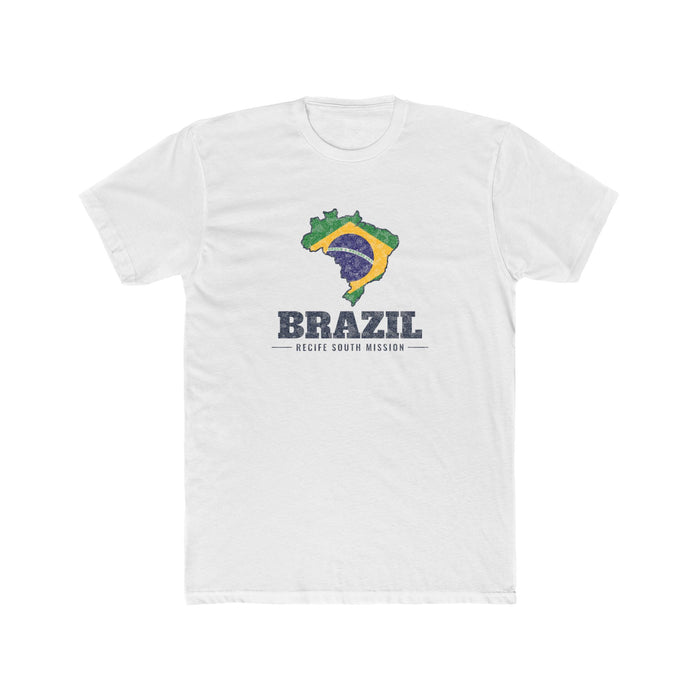 Brazil Recife South Mission Flag Map shirt in White: flag of Brazil in the outline of Brazil with navy lettering, front view