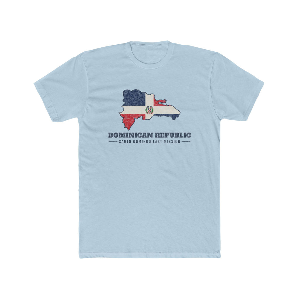 Dominican Republic Santo Domingo East Mission Flag Map shirt in Desert Pink: flag of the Dominican Republic in the outline of the Dominican Republic with navy lettering, front view