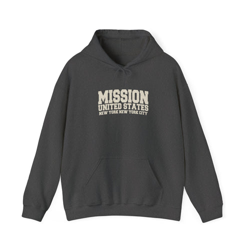 New York New York City Mission Hoodie in Dark Heather, front view with the varsity mission design