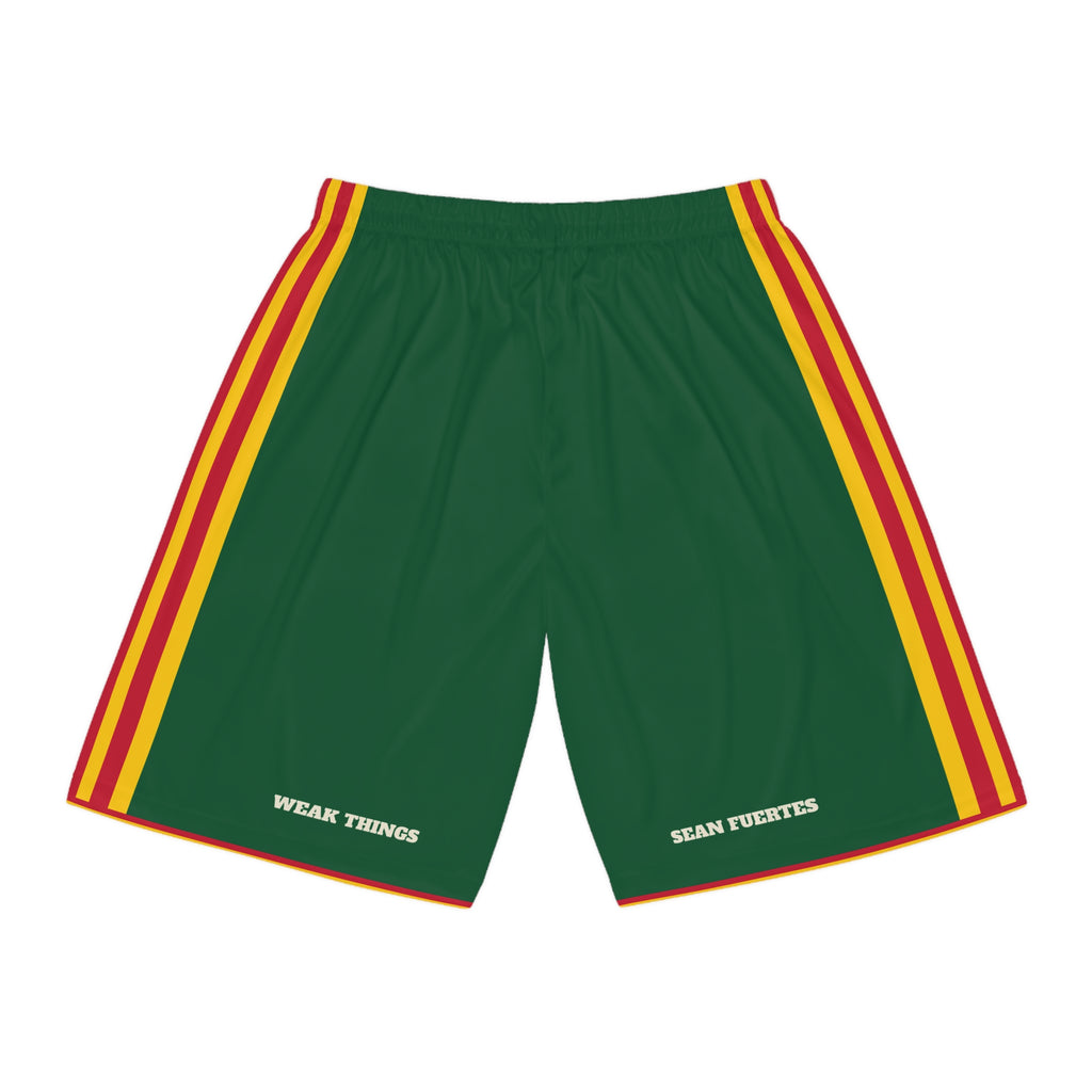 Bolivia Cochabamba North Mission Basketball Shorts, back view with WEAK THINGS and SEAN FUERTES on the legs