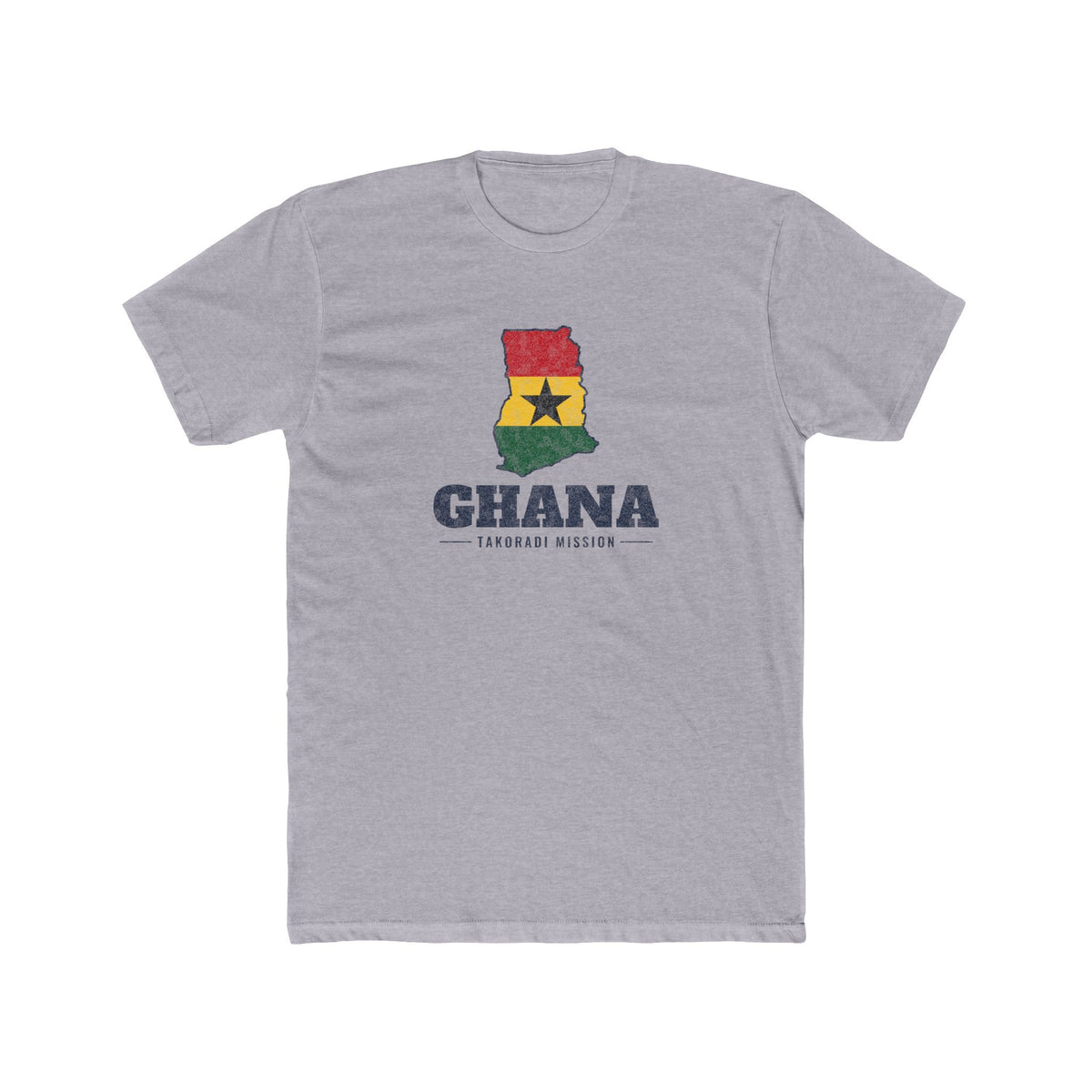 Ghana Takoradi Mission Flag Map shirt in Heather Grey: flag of Ghana in the outline of Ghana with navy lettering, front view