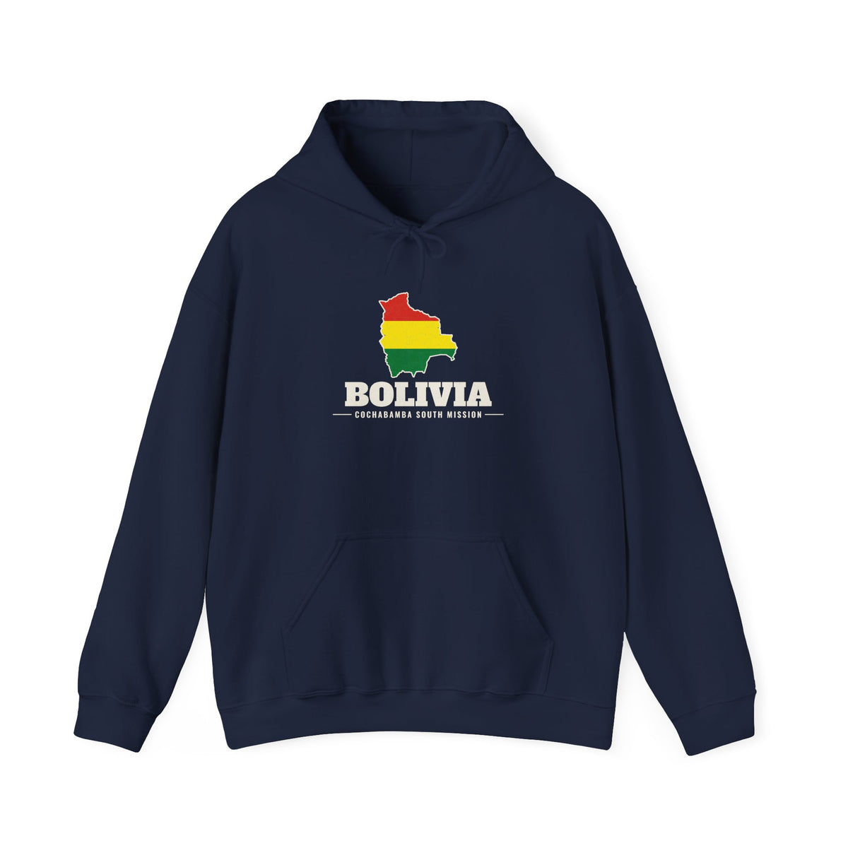 Bolivia Cochabamba South Mission Flag Map Hoodie in Navy, front view with the flag map and mission name
