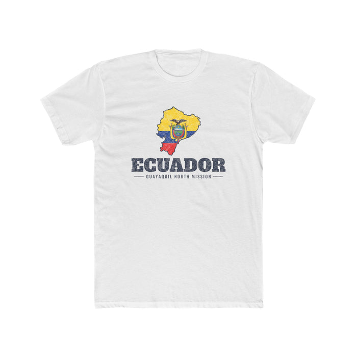 Ecuador Guayaquil North Mission Flag Map shirt in White: flag of Ecuador in the outline of Ecuador with navy lettering, front view