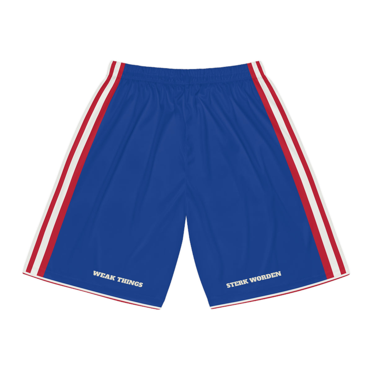Belgium/Netherlands Mission Basketball Shorts, back view with WEAK THINGS and STERK WORDEN on the legs