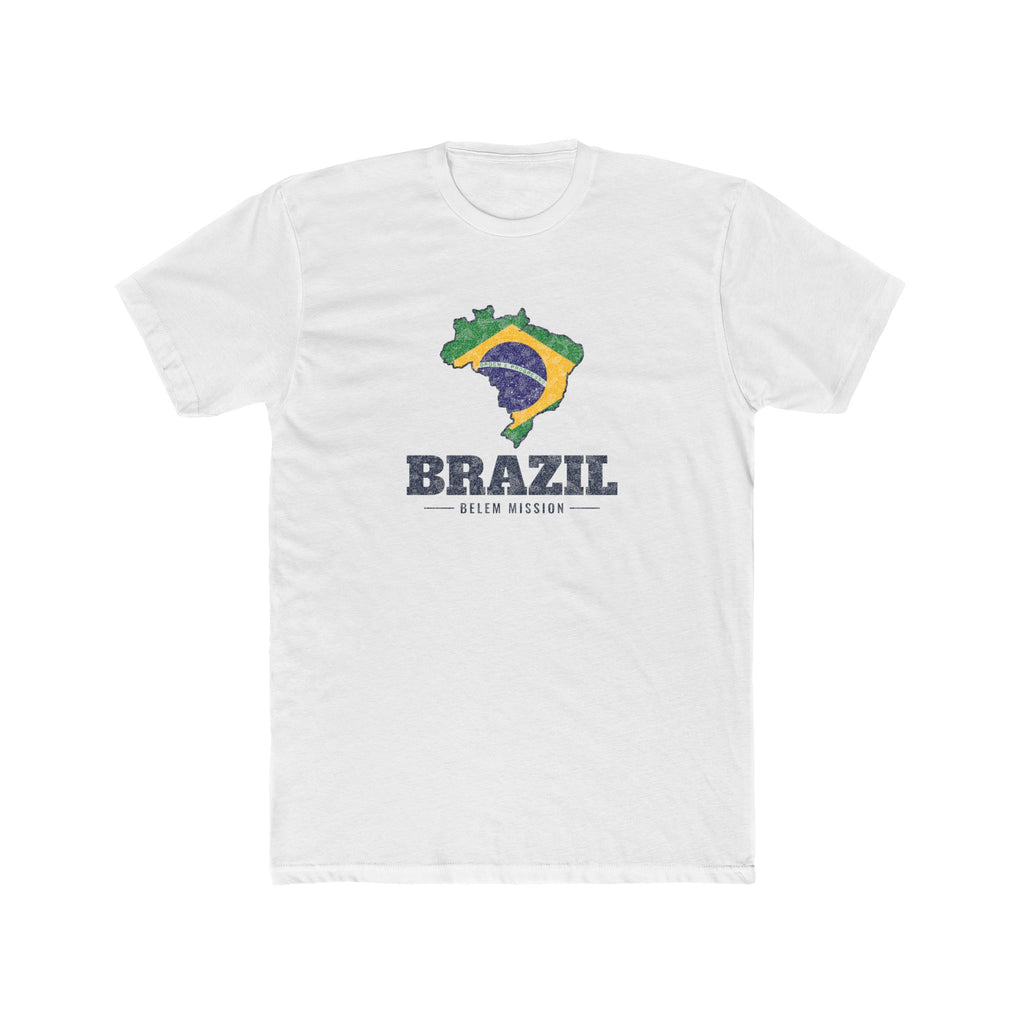 Brazil Belem Mission Flag Map shirt in White: Brazil flag in the outline of Brazil with navy lettering, front view