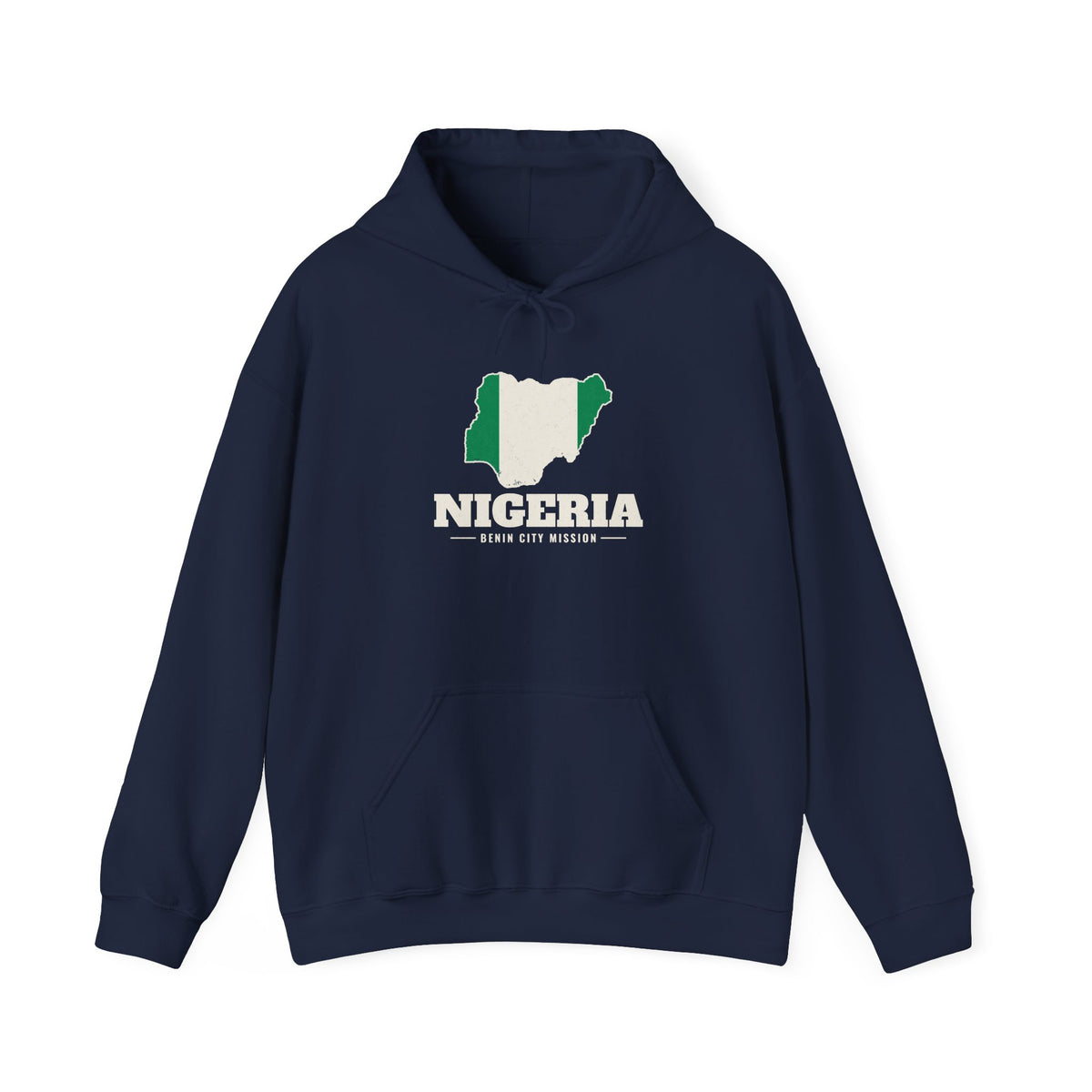 Nigeria Benin City Mission Flag Map Hoodie in Navy, front view with the flag map and mission name