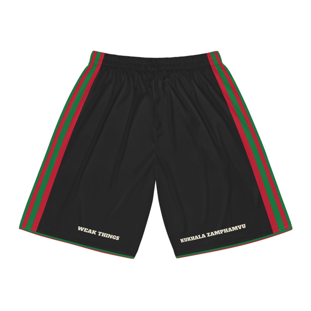 Malawi Lilongwe Mission Basketball Shorts, back view with WEAK THINGS and BECOME STRONG on the legs