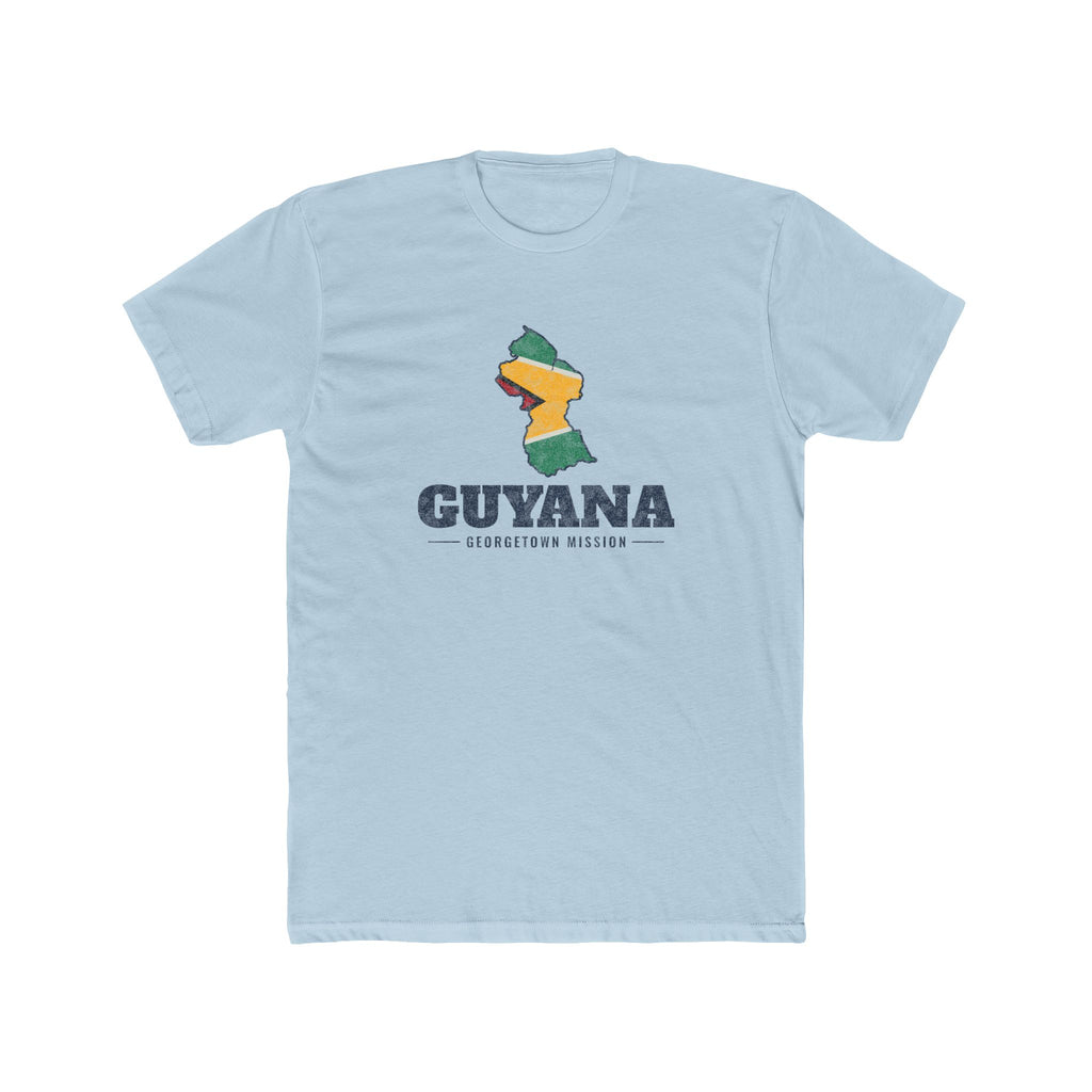 Guyana Georgetown Mission Flag Map shirt in Desert Pink: flag of Guyana in the outline of Guyana with navy lettering, front view