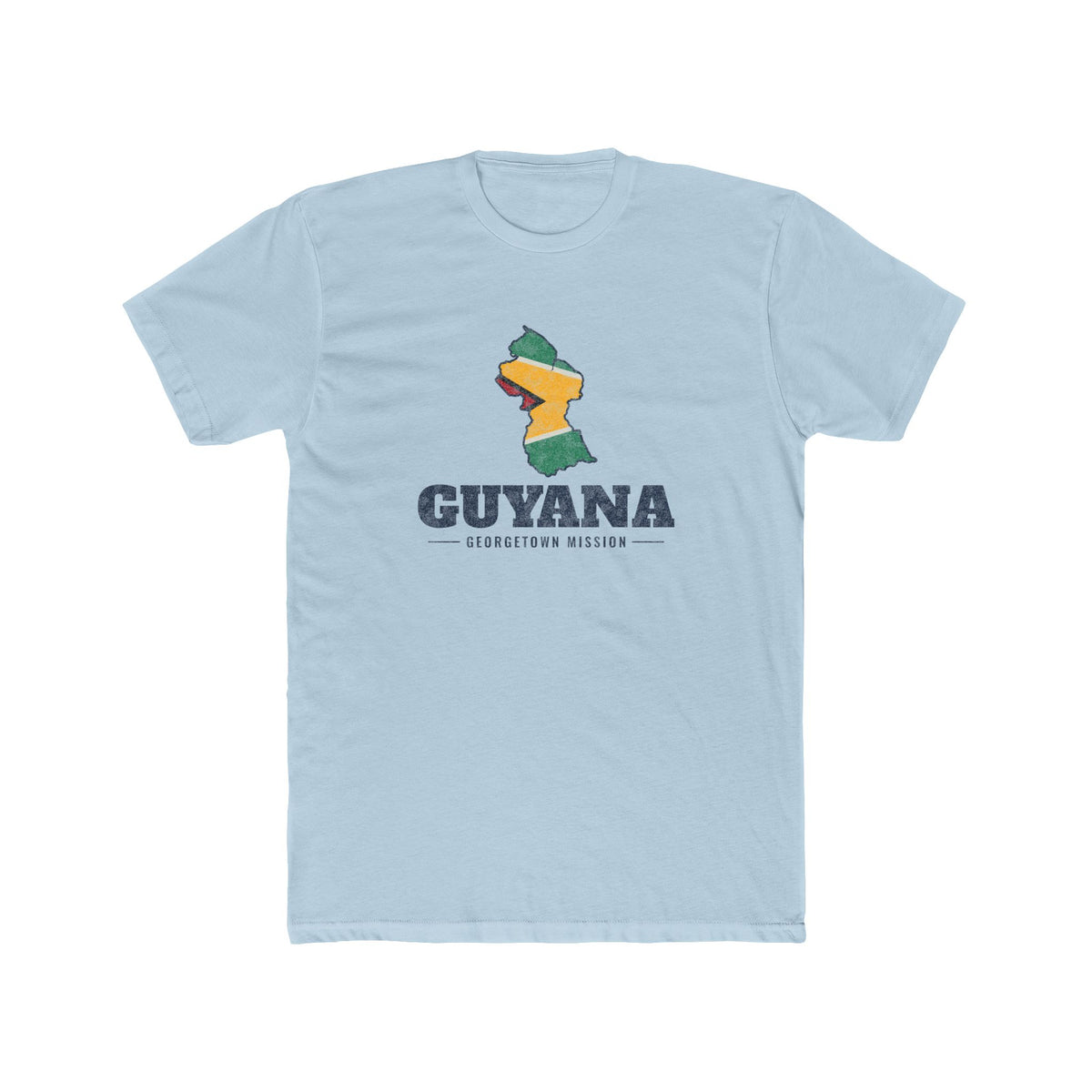 Guyana Georgetown Mission Flag Map shirt in Desert Pink: flag of Guyana in the outline of Guyana with navy lettering, front view